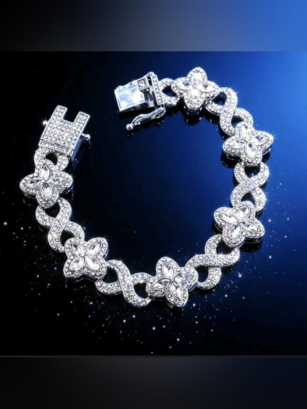 Crystal Clover Flower Link Bracelet - Silver Tone
